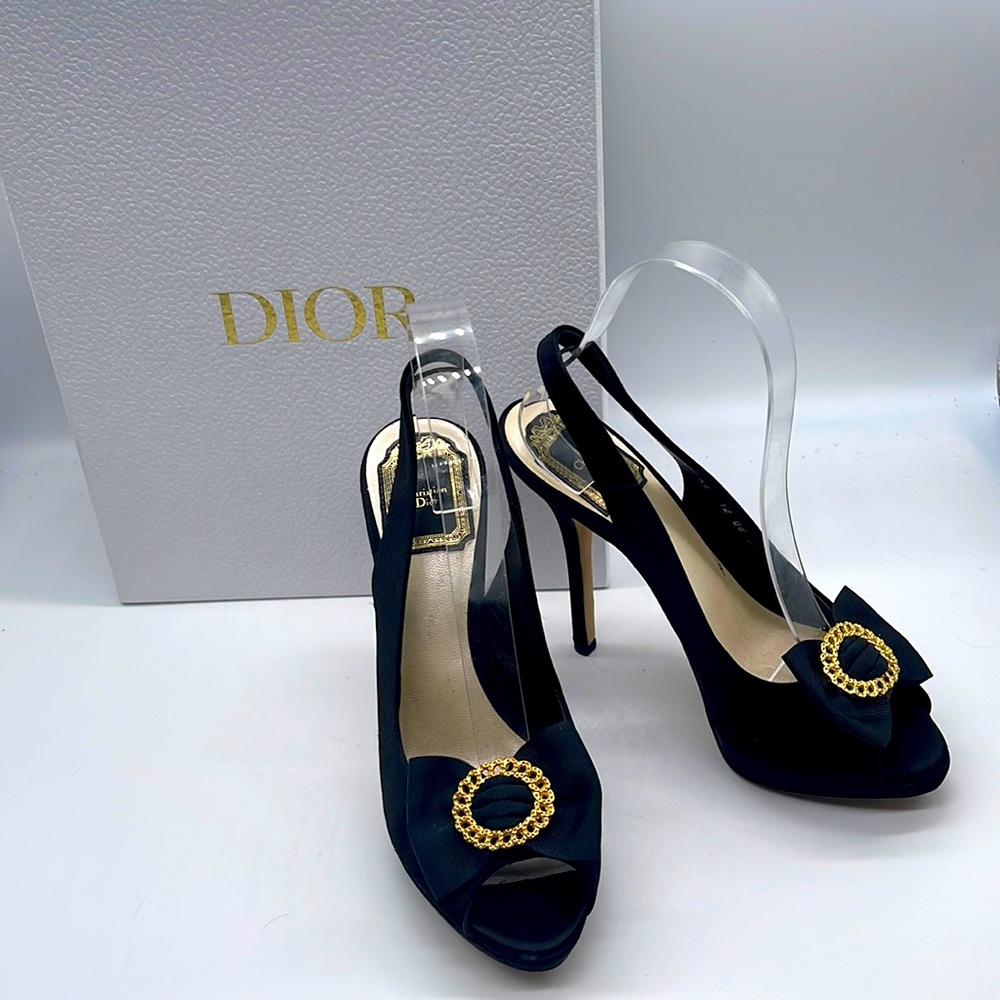 Dior Black Slingback Peep-Toe Heels with Gold Chain Accent
